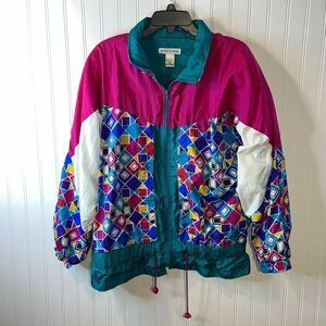 VTG 90s Windbreaker Jacket Geometric Colorblock Womens XLarge Full Zip Sunterra